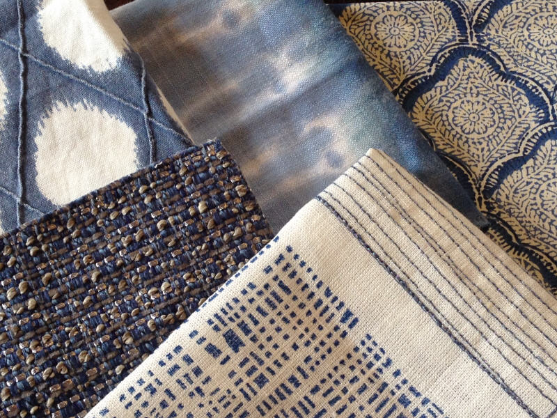 Dark blue print and textured fabrics